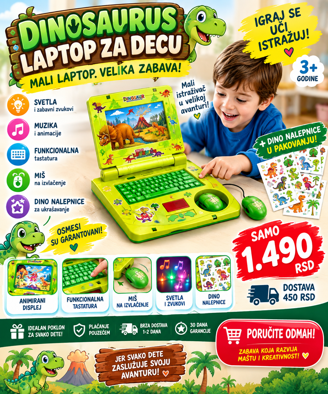 🦖 Dinosaurus laptop za decu — Igraj se, uči, istražuj!